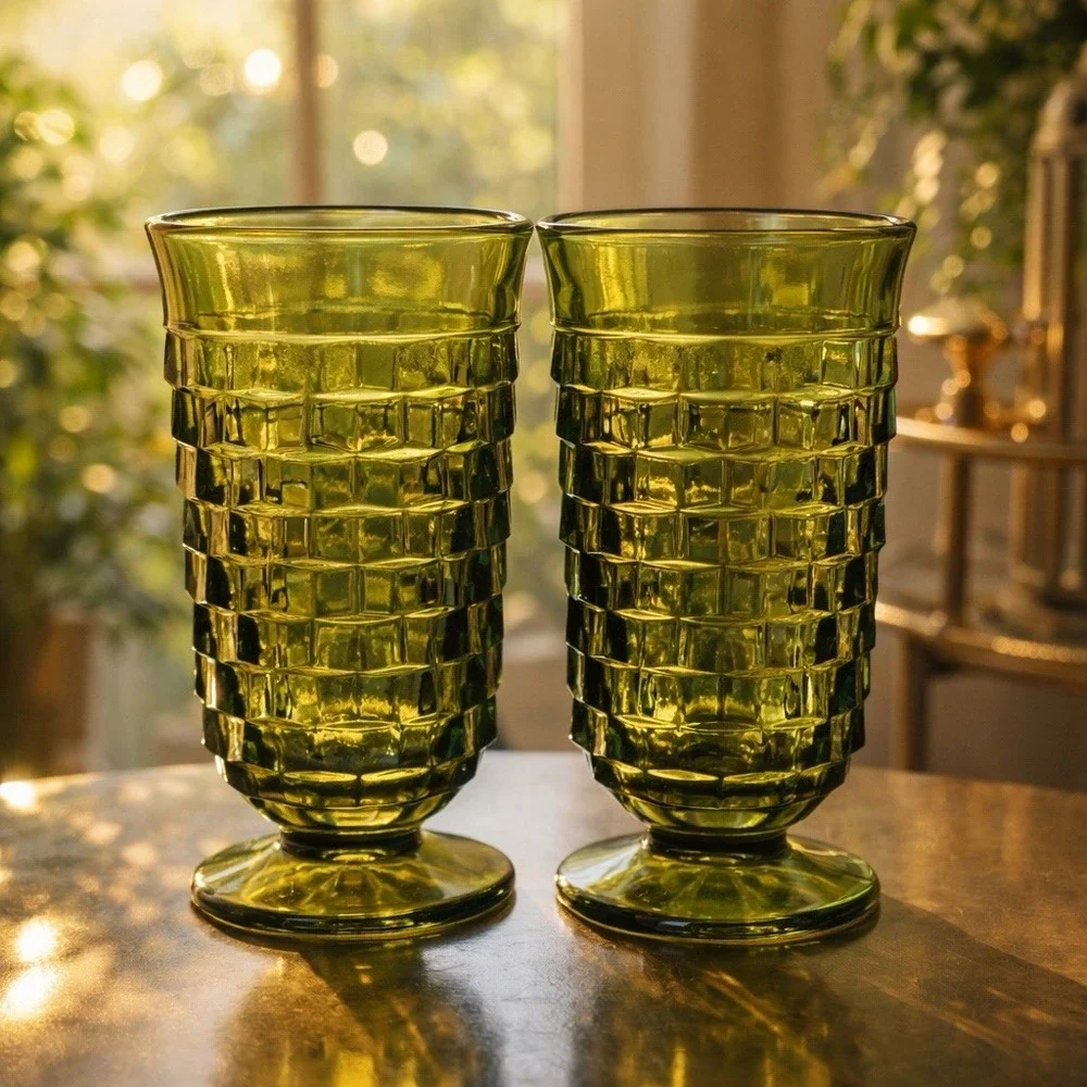 VTG Indiana Glass Whitehall Avocado Green Cubist 6